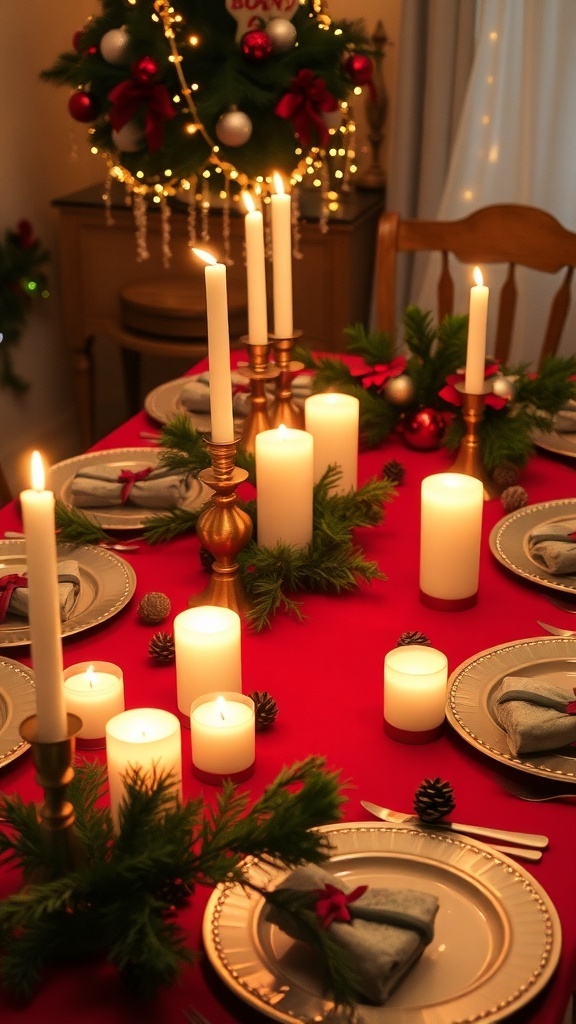 Simple Christmas Table Decorations A festive Christmas table setting with candles, pinecones, and ornaments.
